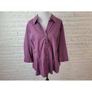 Worthington Women Shirt 3X Plus 3/4 Sleeve Collar Button Up Purple PUR77E